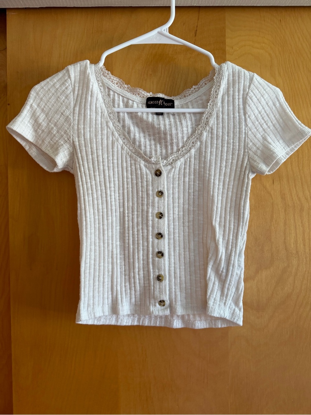 Almost Famous White Ribbed Lace-Trim Neckline Button Down Top